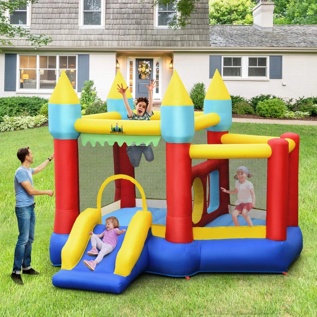 Castello Gonfiabile Per Bambini, con Scivolo, 100 Palline, Borsa di Trasporto e Kit di Riparazione, per 3 Bambini 3-10 anni, Regalo Perfetto per Bambini (con Soffiatore)