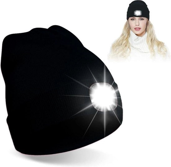 Cappello con luce - Cappello elettrico da carica USB per inverno - Lampada da testa calda per pescare, correre, campeggiare - Nero Unico Modello.