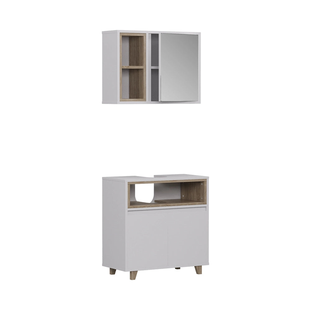 Vicco Set di mobili da bagno Bianco/quercia con mobiletto a specchio e mobiletto base