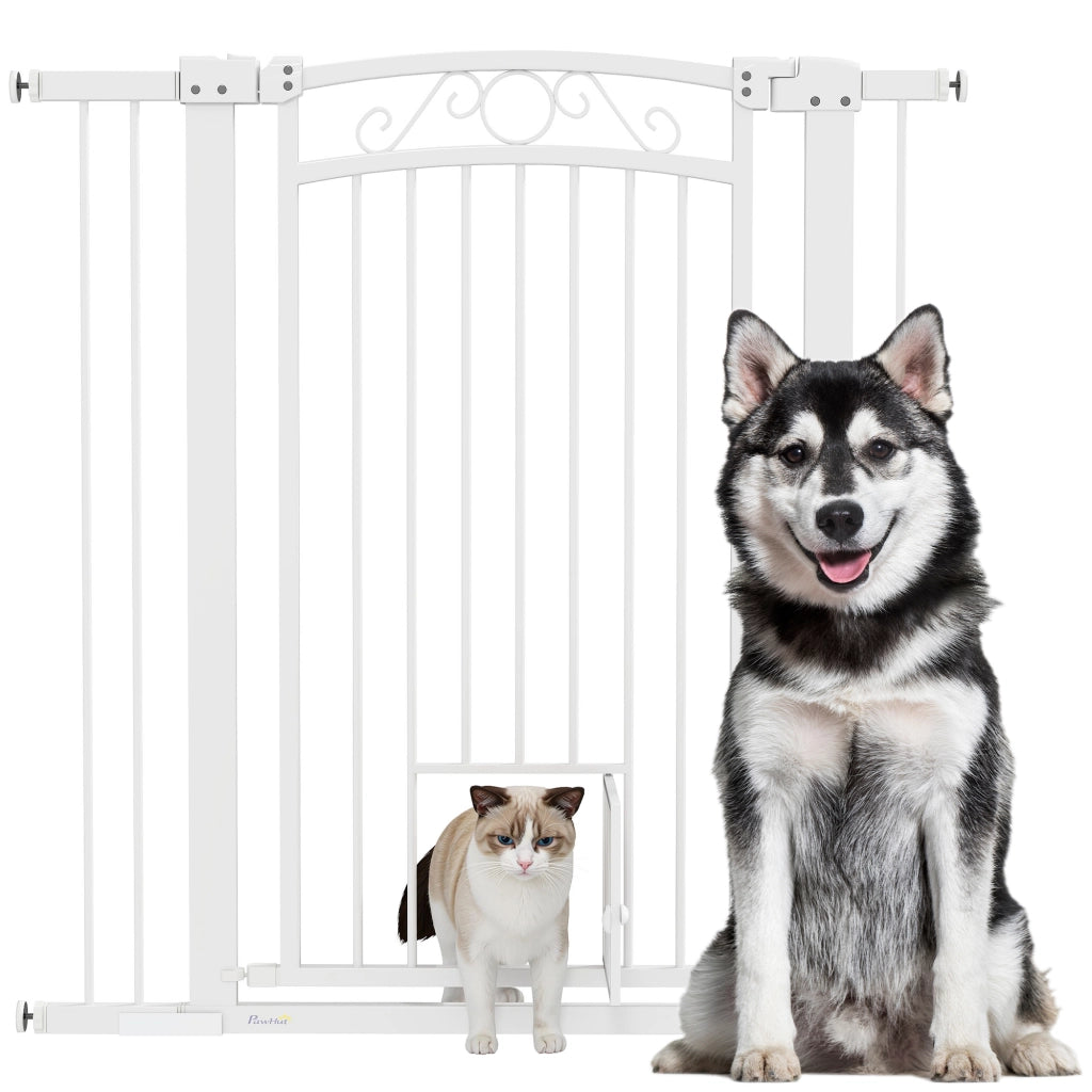 Cancellino per Cani Regolabile con Estensioni e Porta per Gatti, 76-104x106cm, Bianco