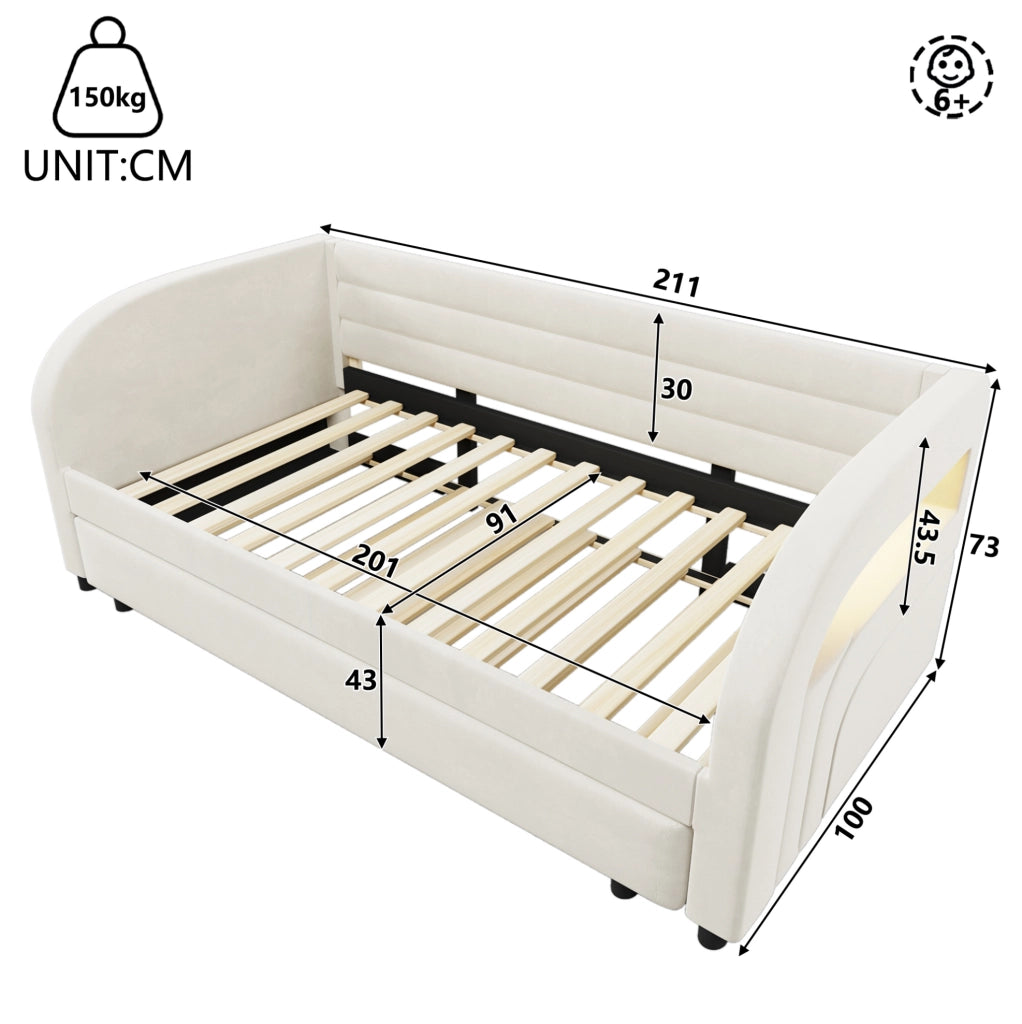 Letto imbottito 90x200 cm beige con letto estraibile e LED