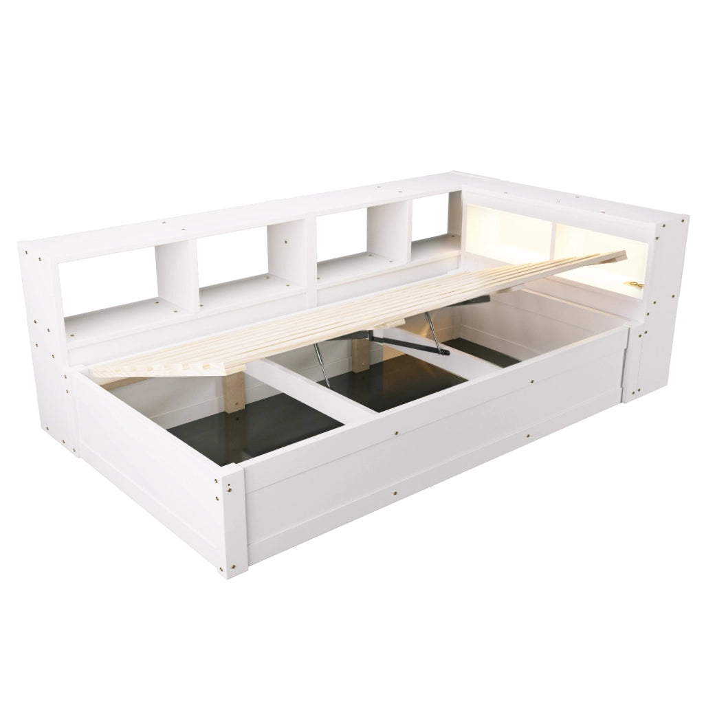 Letto multifunzione 90x200 cm con presa integrata; contenitori e LED in MDF bianco