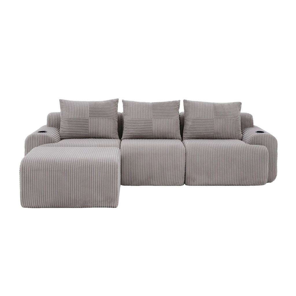 Divano modulare 268x174x80 cm con portabicchieri e tasca laterale in corduroy grigio chiaro
