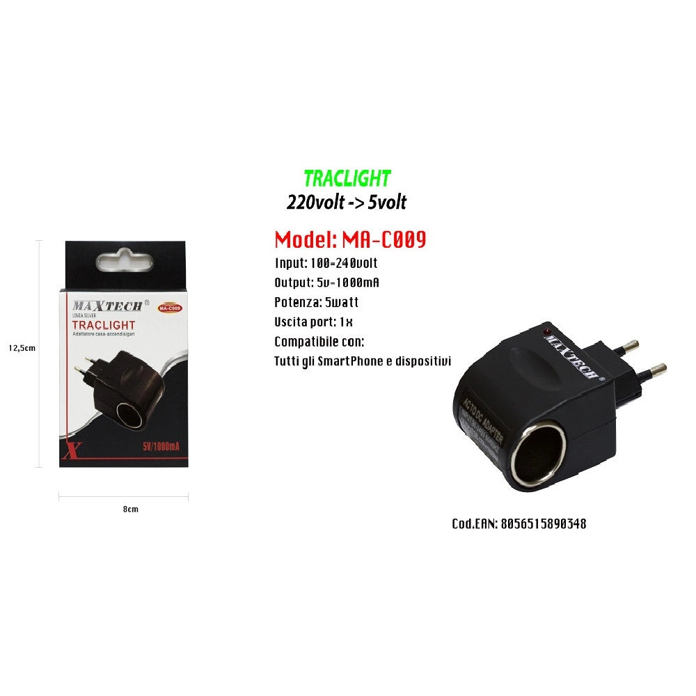 Trade Shop - Adattatore Accendisigari Da Auto Casa Ricarica Smartphone Dispositivi 5v-1000ma Maxtech Ma-c009 -