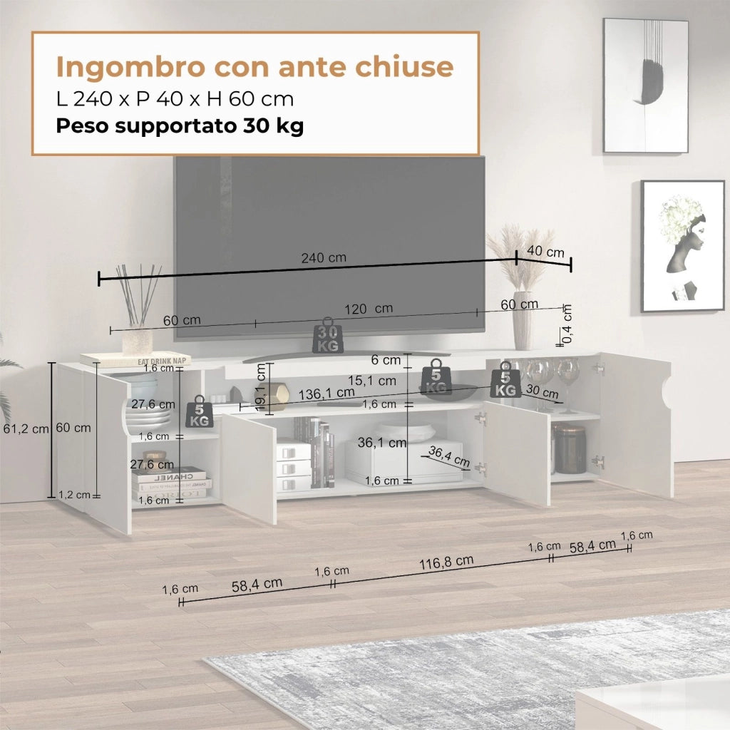 WHOUS Mobile porta TV Real con 4 ante e 1 vano aperto cashmere 240x40x60 cm