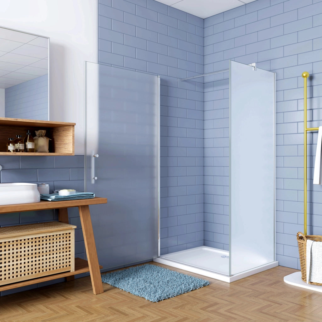 195cm Box Doccia Angolare Porta Battente con Parete Fissa 90x90cm in Vetro Temperato Satinato Opaco 6 mm Anticalcare con Barra Stabilizzatrice 140 cm (montaggio verso irreversibile)