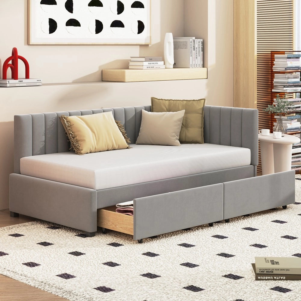 Letto imbottito con cassetti e rete a doghe ¨C Minimal ¨C velluto grigio 90x200 cm