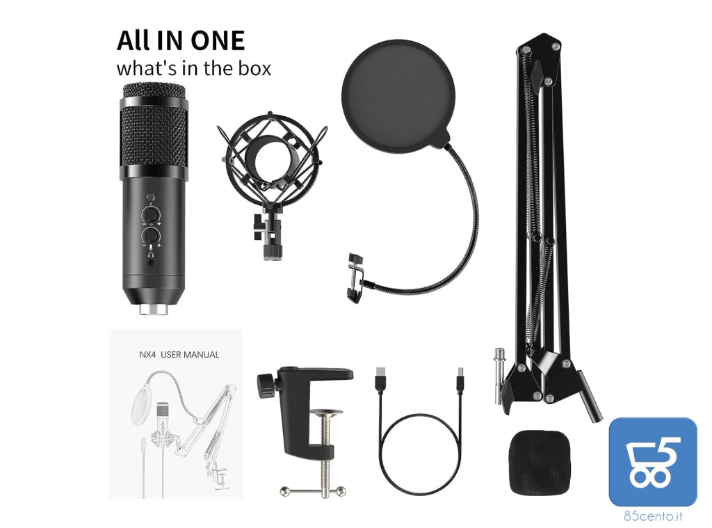 Kit Microfono a Condensatore Cardioide per Podcasting Voice Over Streaming YouTube per Computer Desktop Laptop MAC o Windows Android iOS USB