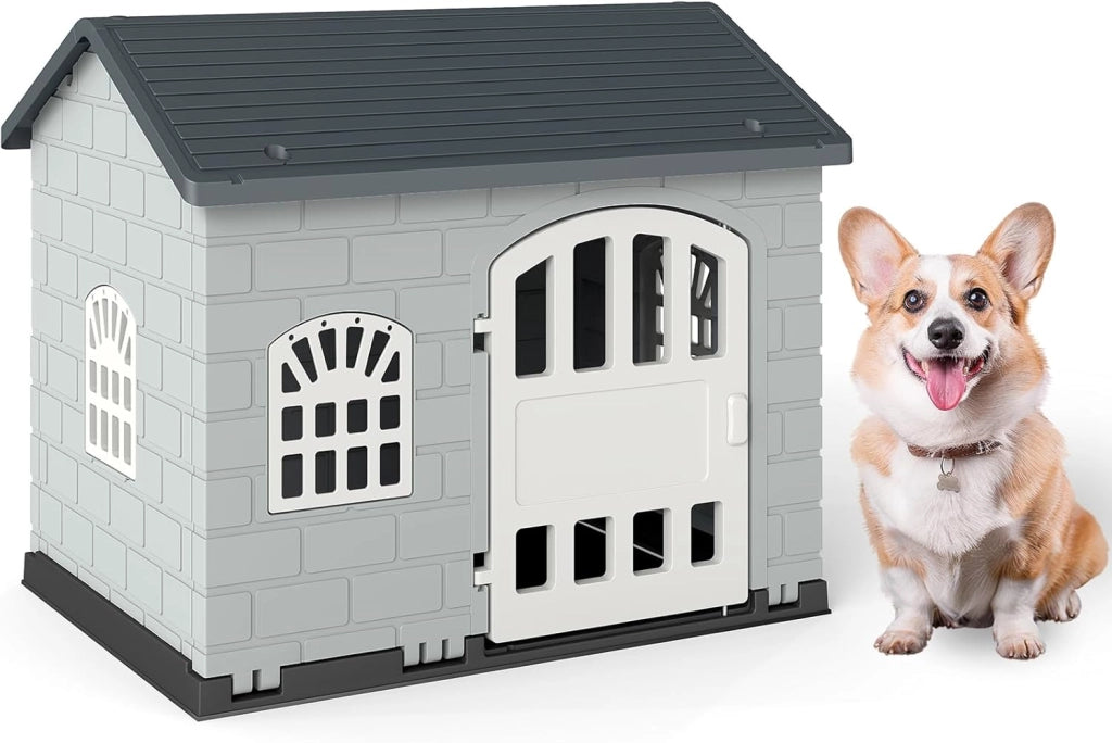 Cuccia per Cani da Esterno ed Interno, Casetta per Cani con Porta Bloccabile, 3 Finestre e Tetto Inclinato, Cucce in Plastica Impermeabile per Cagnolini Piccoli, 75 x 58 x 65 cm (Blu)