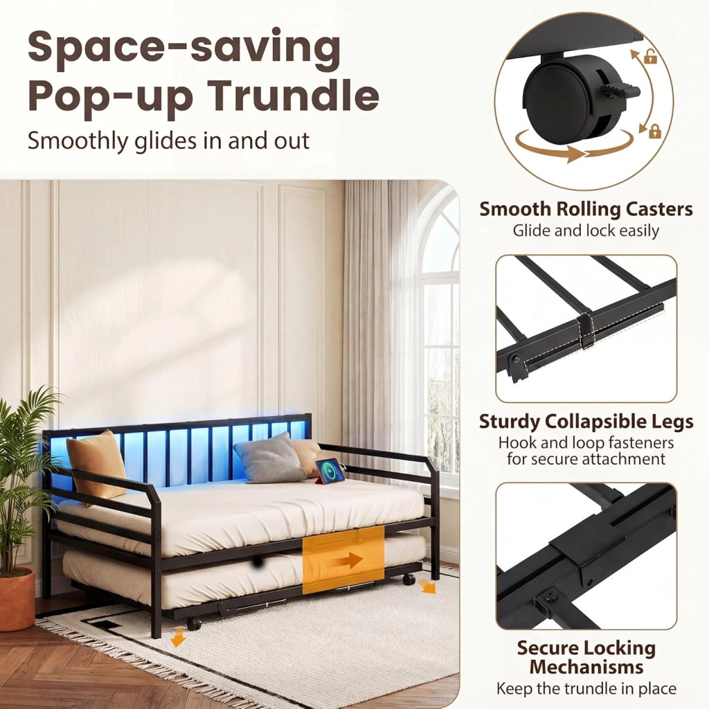 Struttura per divano letto estensibile a 2 posti, 90 x 200 cm, letto estraibile in metallo con luci a LED, stazione di ricarica, doghe resistenti, per soggiorno, camera da letto