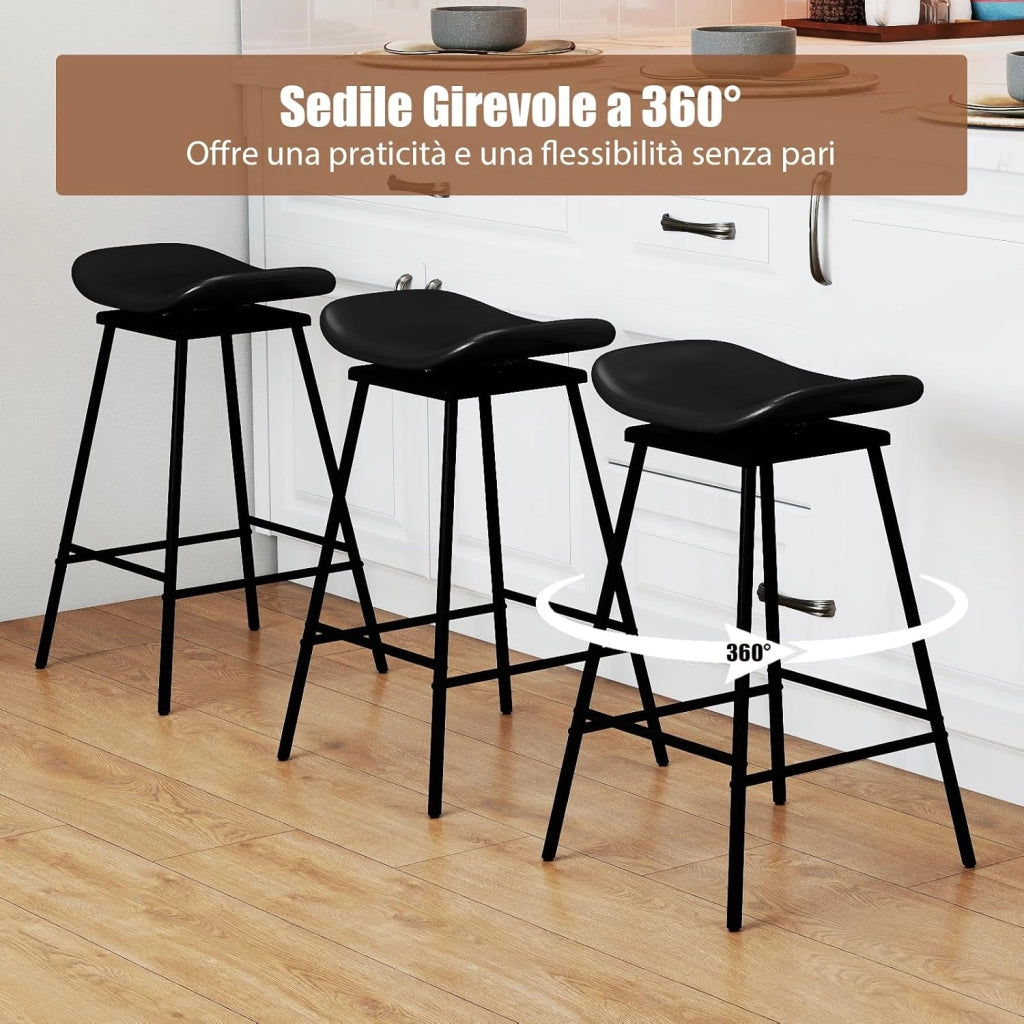 Set di 2 Sgabelli da Bar Girevoli, Sedie Alte Senza Schienale in Pelle Sintetica con Sedile a Sella Imbottito e Poggiapiedi, Portata 150 kg, per Isola della Cucina e Sala da Pranzo (Nero)