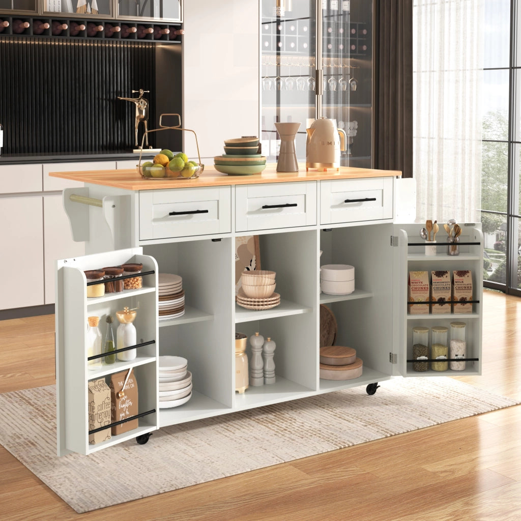 Carrello da Cucina con 3 Cassetti; 3 Scomparti; Piano Ribaltabile; Portasciugamani e Ruote 139x46x91;5 cm