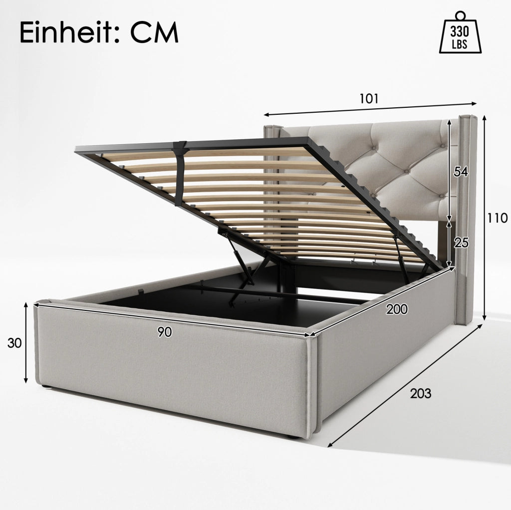 Letto singolo imbottito 90x200 cm con contenitore e rete sollevabile; grigio chiaro