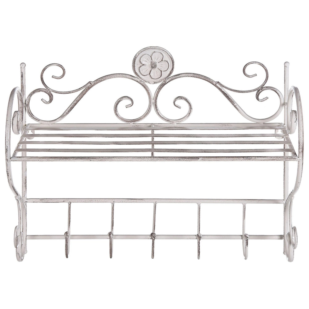 Mensola da parete per bagno in metallo bianco 42 x 47 cm Ripiano singolo sospeso con ganci effetto anticato in stile vintage