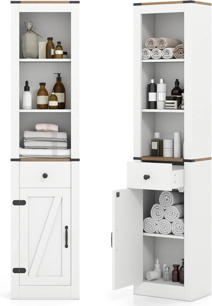 Mobile bagno, colonna bagno con cassetto scorrevole, ripiano regolabile e 3 scomparti aperti, armadio portaoggetti stretto per soggiorno, lavanderia, cucina, bianco