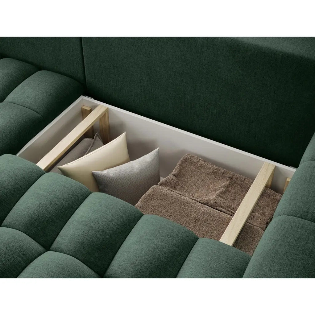 Divano ad angolo convertibile DORY verde scuro 250 cm con contenitore angolo sinistro