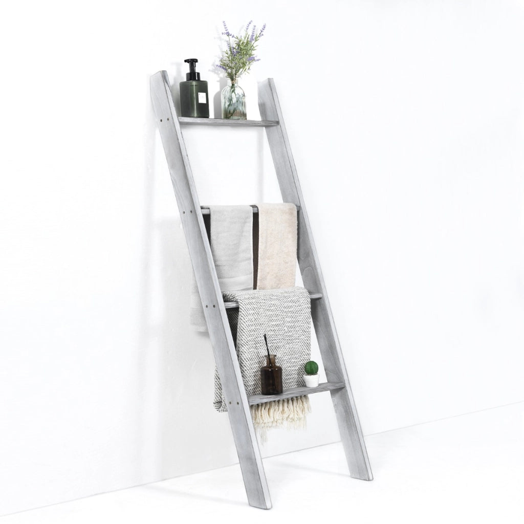 Scala in legno a pioli da appoggio per il bagno, Porta asciugamani da terra a 4 bracci Grigio-Portasciugamani