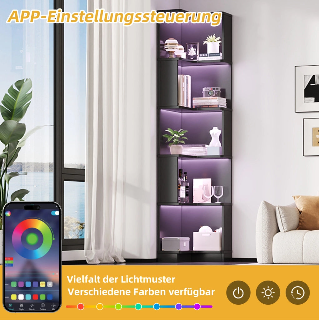 Libreria angolare a 5 ripiani in MDF con LED RGB controllabili tramite app, nera