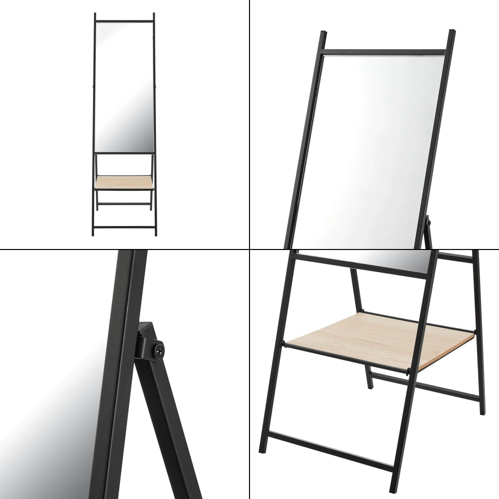 Specchio a figura intera con mensola color camoscio 150 x 44 x 60 cm effetto rovere nero 03_0007966