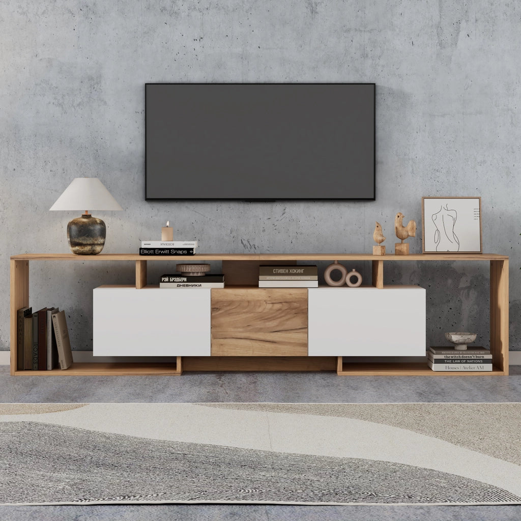 Cassettiera TV bianca e naturale in truciolare; lunghezza 180 cm
