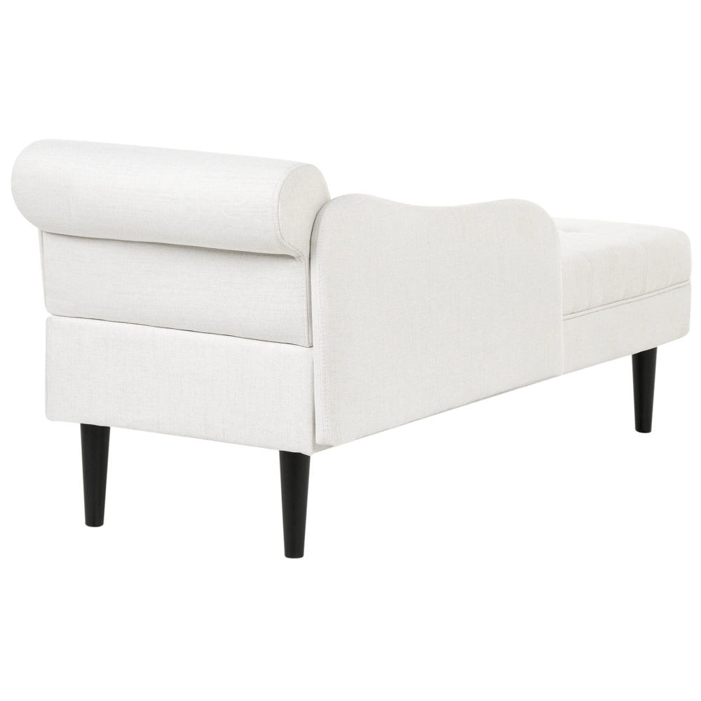 Chaise longue destra in tessuto bianco sporco imbottita con cuscino facile da pulire, gambe in legno, soggiorno moderno