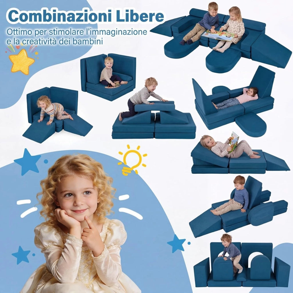 Divano da Gioco per Bambini Trasformabile, Poltrona Modulare a 10 Pezzi, Tessuto Suede e Schiuma ad Alta Elasticità, Divanetto per Bambini 3+ Anni, per Camerette, Soggiorno e Studio (Blu)