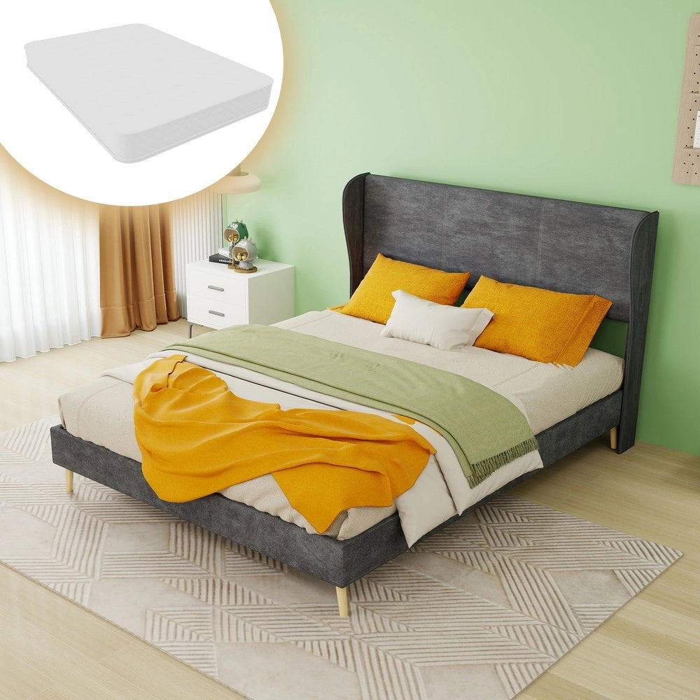 Letto Imbottito con Testiera Morbida ¨C MINIMAL ¨C Grigio, 140x200, con Materasso
