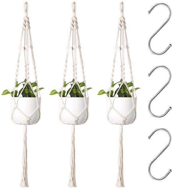 Set di 6 Decorazioni per Piante a Maglia a Tendine, Macramé, con 6 Ganci a S per Esterni e Interni