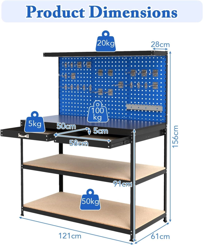 Banco da Lavoro, Organizer per Attrezzi in Metallo con 3 Pannelli Perforati con Kit di 24 Ganci, 2 Cassetti e 2 Ripiani, Banchi da Lavoro per Officina, Garage (Blu, 121 X 61 X 156 CM)
