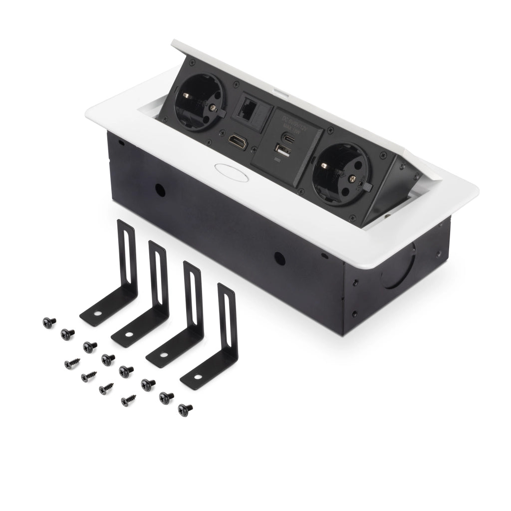 Emuca Multipresa Atom 26 A+C per scrivania, EU, Verniciato bianco, Acciaio e Tecnoplastica e Zama, 1 u.