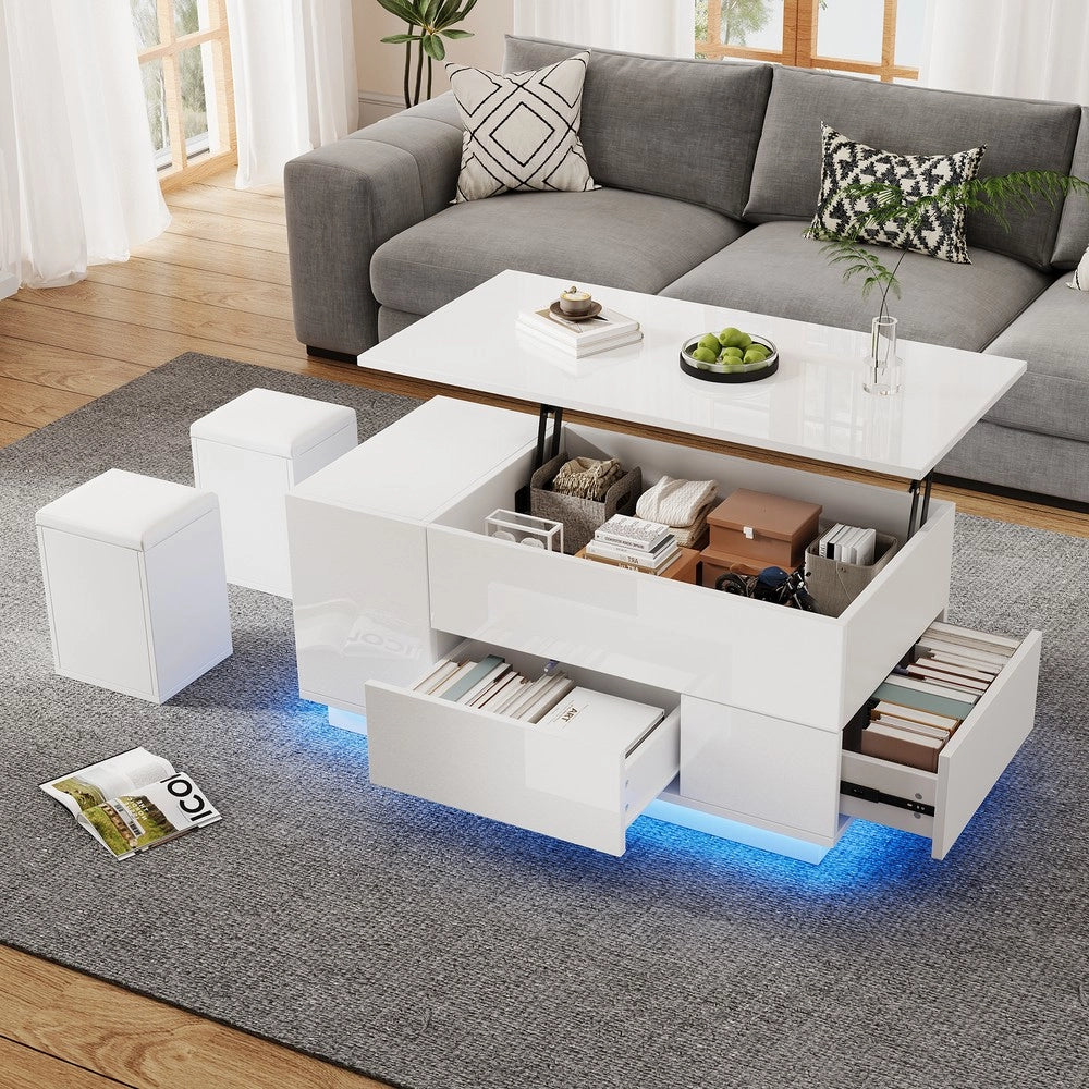 Tavolino da Caff¨¨ 4 in 1 con LED e Cassetti ¨C MINIMAL ¨C Bianco Lucido / 100x50x45