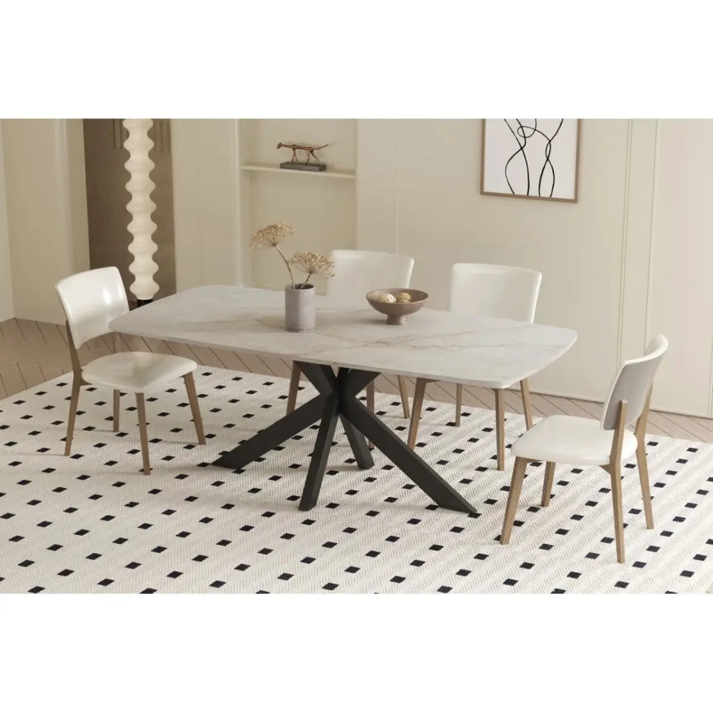 Tavolo da pranzo ARVENA – 180x90 cm – Colore beige marmo pietra – Piano effetto pietra – Design elegante e moderno