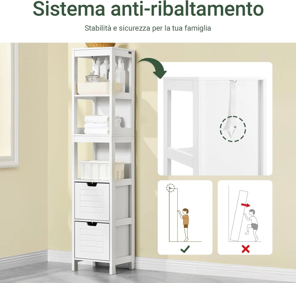 Mobile Bagno Salvaspazio Colonna Armadietto Verticale Slim con Ripiani Regolabili per Bagno Lavanderia Cucina Design Moderno Bianco Anti-Umidità 30x30x144cm FRG126-W