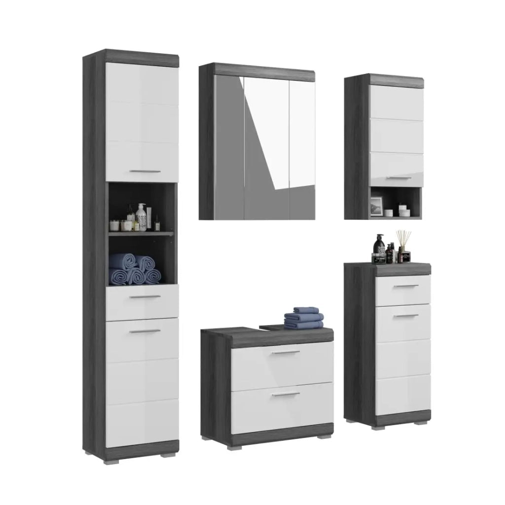 Set bagno SCOTT - Mobile sotto lavabo, colonna, 2 mezze colonne e specchio