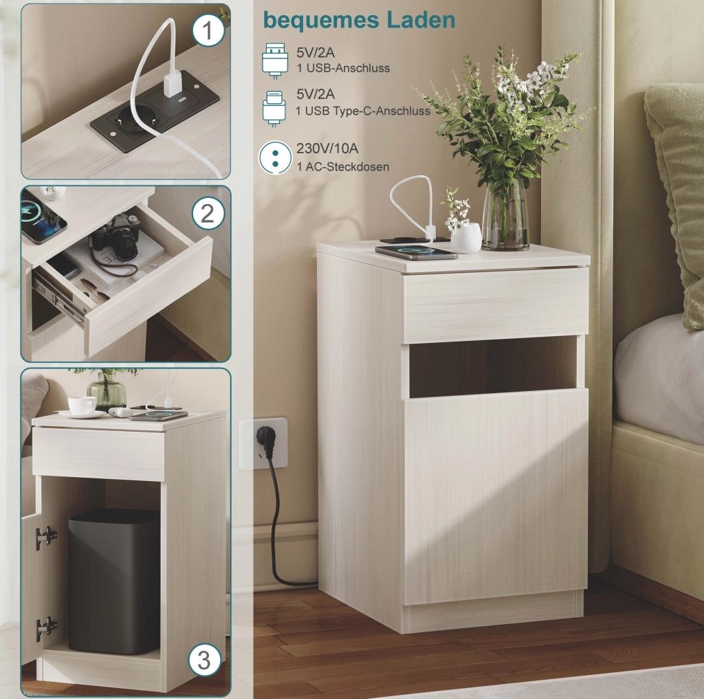 Comodino bianco in MDF con ricarica USB e presa