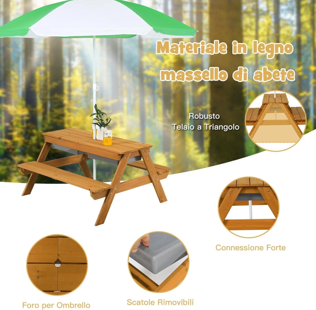 Set Tavolo e Sedie per Bambini da Giardino 3 in 1, con Ombrellone Rimovibile e Regolabile, Piano Rimovibile, Tavolo con Panche in Legno per Bambini da Interno Esterno (Verde e Bianco)