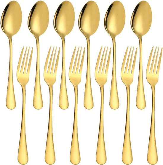Set di forchette e cucchiai in acciaio inossidabile dorato - set completo - 12 pezzi - oro - resistente all'usura