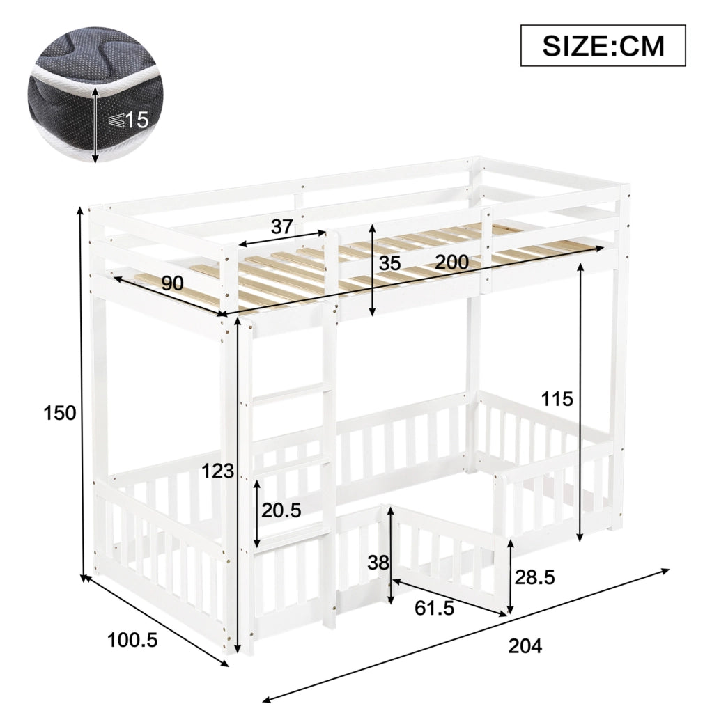 Letto a castello in pino 90x200 cm con scala ad angolo; sponde e porta; bianco