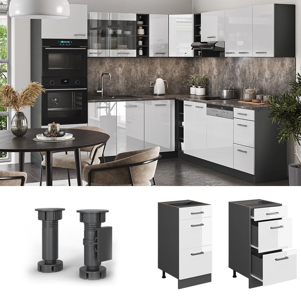 Mobiletto base per cucina R-Line Bianco lucido/Antracite 40 cm con cassetti, senza piano di lavoro Vicco