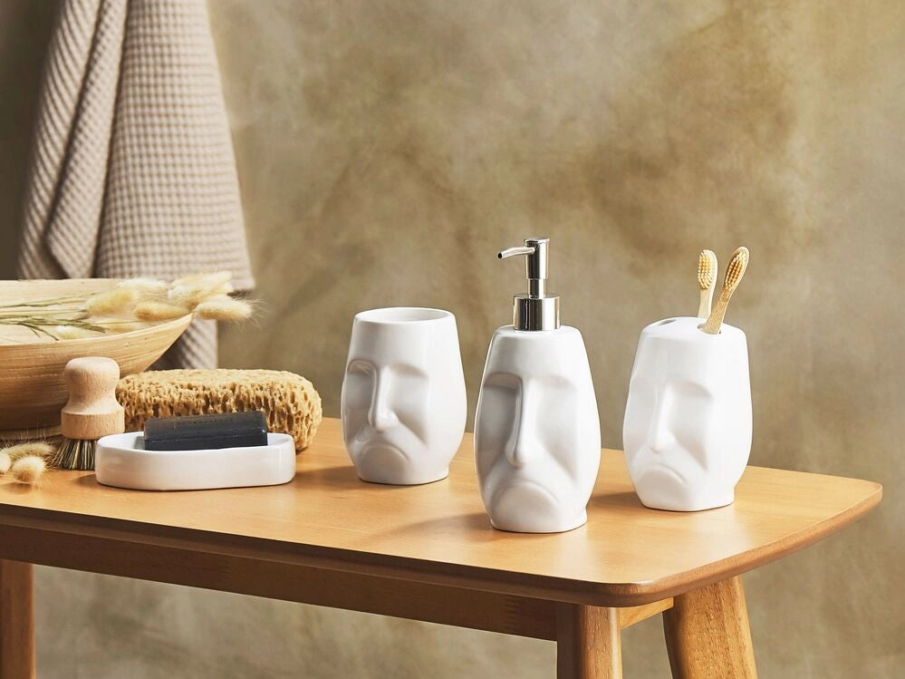Set di 4 Accessori Bagno in Ceramica bianca a forma di faccia dispenser sapone porta sapone Portaspazzolino recipiente