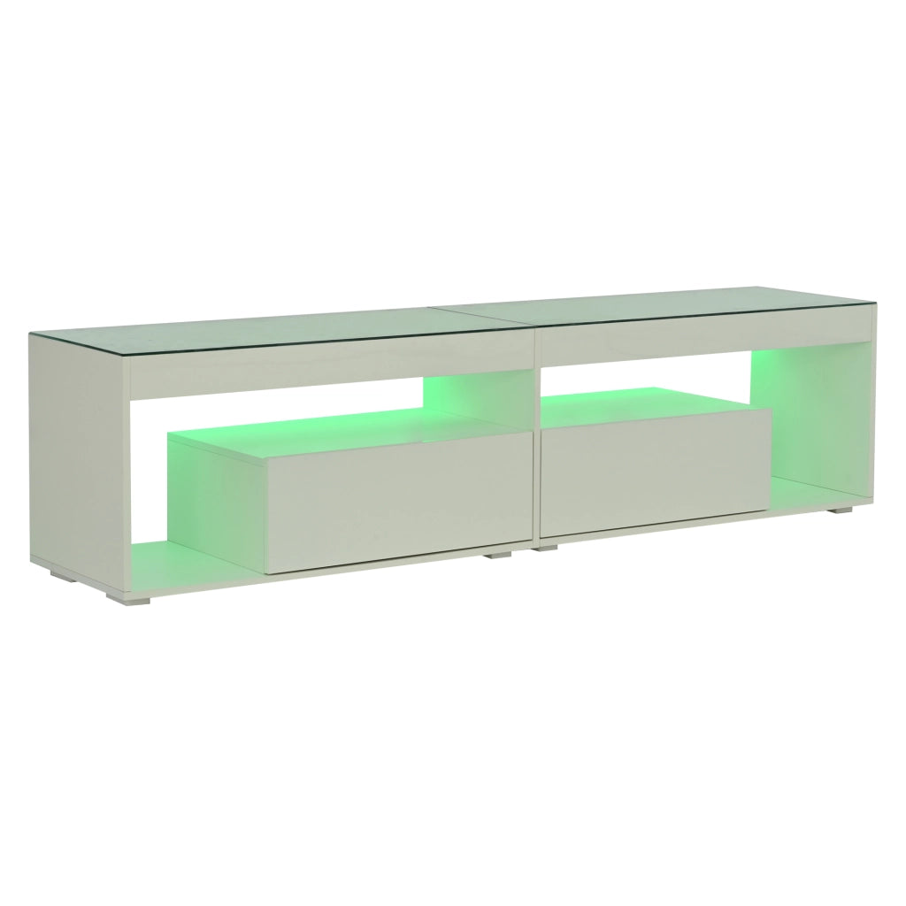 Mobile porta TV con LED, 2 cassetti e ripiani in vetro temperato, per soggiorno, in truciolare, bianco, 180 × 40 × 46 cm