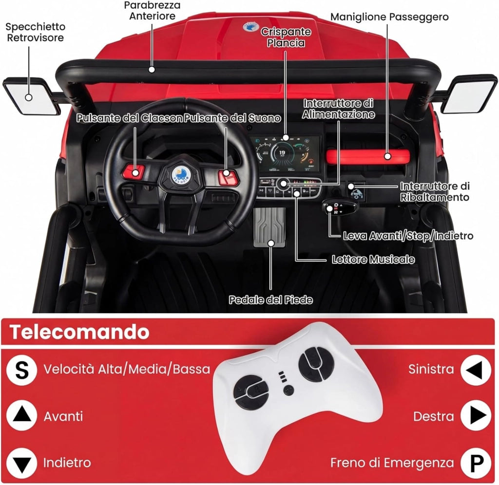 12V Auto Elettrico per Bambini, Trattore Elettrico con Scatola di Scarico, Macchina Elettrica con Pala Telecomando e Musica, Regalo per Bambini 3-8 Anni, 3-8 km/h (Rosso)