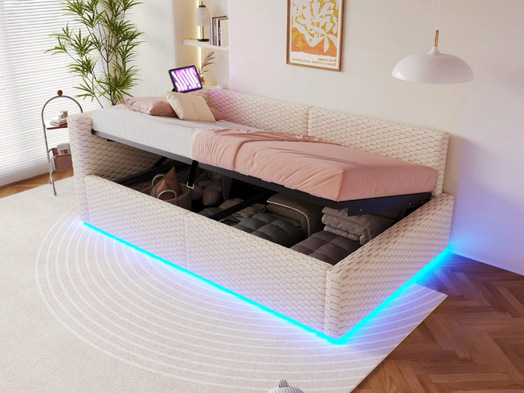 DESMIU Letto Divanetto 1 Piazza con Contenitore, LED, 2 USB e Tipo C 90 × 200 cm, senza Materasso, Beige