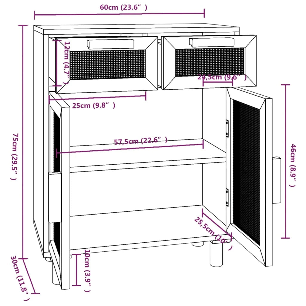 Buffet credenza cassettiera armadio mobile contenitore organizer per cucina soggiorno salotto 60 x 30 x 75 cm legno massello di pino e rattan naturale bianco 02_0030338