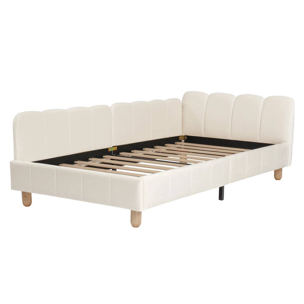 Letto singolo imbottito per bambini 90 x 200 cm in velluto beige con testiera ergonomica, sponde laterali e gambe in legno