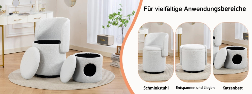 Fauteuil girevole con spazio contenitore e seduta imbottita in teddy per camera da letto e sala da pranzo bianco