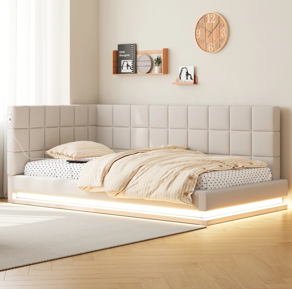 Divano letto imbottito 90x200 cm con LED, USB e rete a doghe