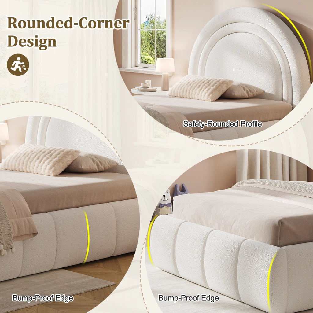 Letto per bambini 90 × 200 cm con contenitore idraulico e testiera imbottita, senza materasso, in bouclé beige