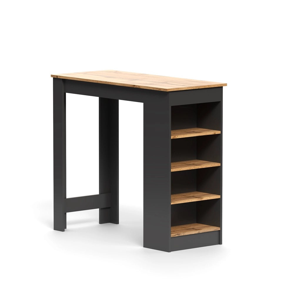 Tavolo snack alto Kivo antracite e rovere con 3 ripiani laterali 115x50x103H