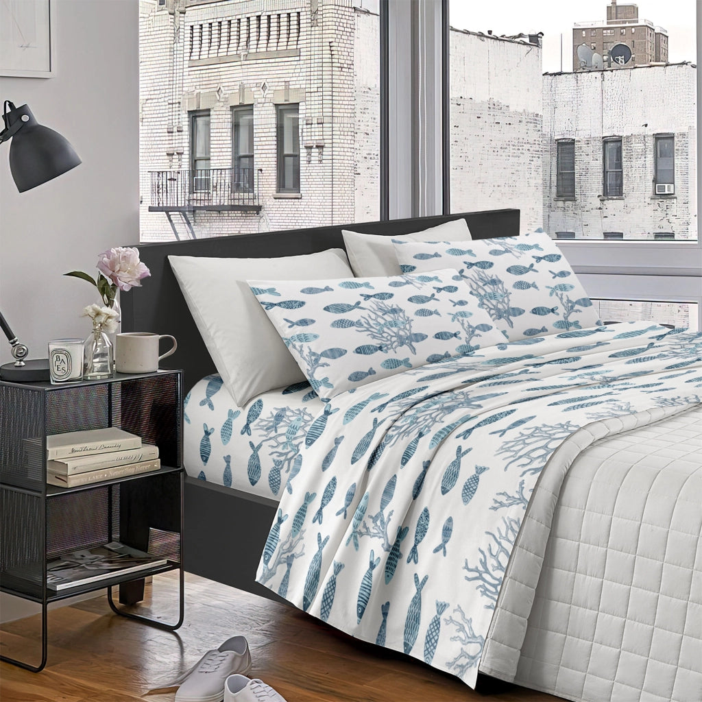 Completo Letto Lenzuola Matrimoniale,100% Cotone, Set letto, Lenzuolo Sopra, Sotto e Federe 2 Piazze Pesci Blu